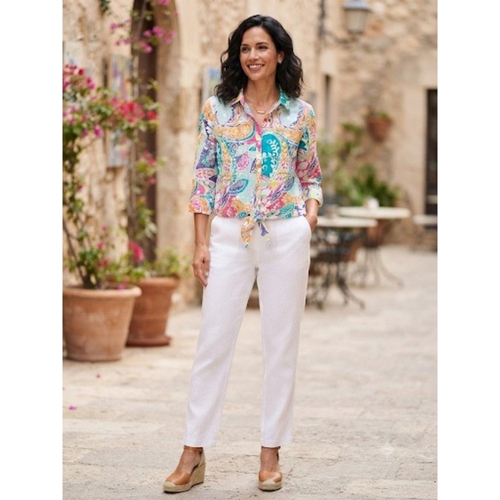Chicos No-Iron Paisley Floral Button Down‎ Shirt Tie Front Pink Blue Womens 2 L